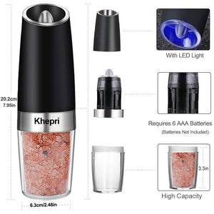 Khepri Gravity Electric Salt Ginder Pepper Grinder, Automatic Pepper and Salt Mill Grinder Battery-Operated with Adjustable Coarseness