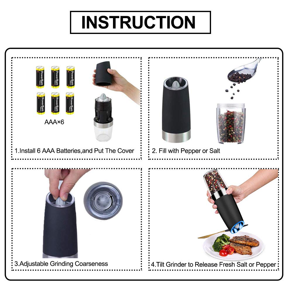Khepri Gravity Electric Salt Ginder Pepper Grinder, Automatic Pepper and Salt Mill Grinder Battery-Operated with Adjustable Coarseness