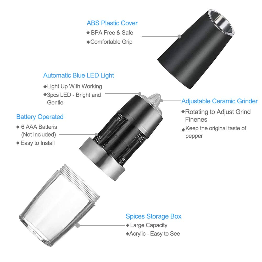 Khepri Gravity Electric Salt Ginder Pepper Grinder, Automatic Pepper and Salt Mill Grinder Battery-Operated with Adjustable Coarseness