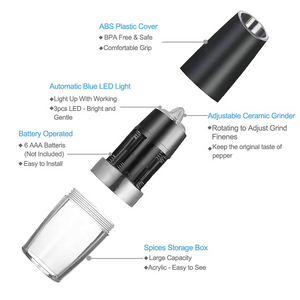 Khepri Gravity Electric Salt Ginder Pepper Grinder, Automatic Pepper and Salt Mill Grinder Battery-Operated with Adjustable Coarseness